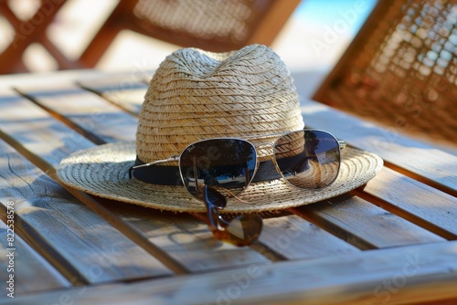 Women's accessories - shoes, hat and sunglasses of blue color.. Beautiful simple AI generated image in 4K, unique.