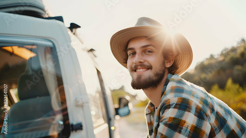 Close-up young man traveler in sunglasses standing near car in the sun