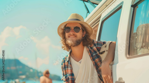 Close-up young man traveler in sunglasses standing near car in the sun