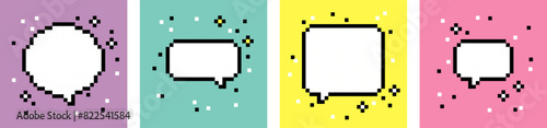 Collection of empty pixel art speech bubbles. Chat or pixel dialogue box set. Neon colors. 8-bit retro style vector illustration