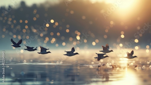 A flock of birds flying over the lake resembling the freedom and liberation one feels after letting go of past burdens.