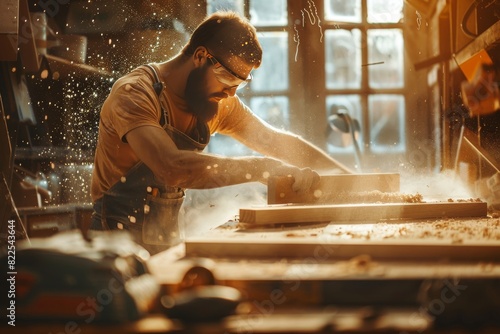 Craftsman woodworking in a welllit workshop, surrounded by flying wood shavings and tools, Created with Generative AI.