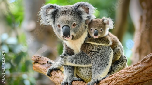 Koala, phascolarctos cinereus, Female carrying Young on its Back. Generative Ai