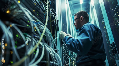 Technician managing cables in a server room, ensuring connectivity and network stability, Created with Generative AI.