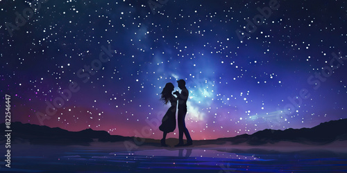 A couple dances under the stars, their movements synchronized as they share an intimate moment. 