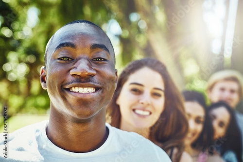 Friends, selfie and portrait of people in park for bonding, community and relax together outdoors. Nature, happy and men and women take photo for university, college diversity and social media post