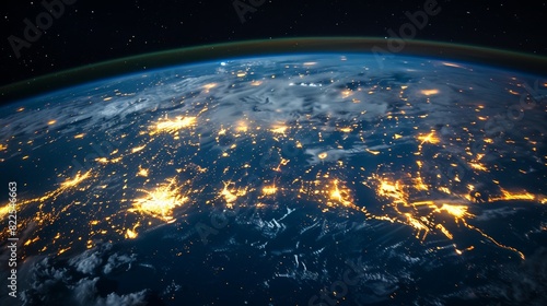 A stunning view of Earth at night, with illuminated city lights visible across continents, showcasing the planet's vibrant human activity