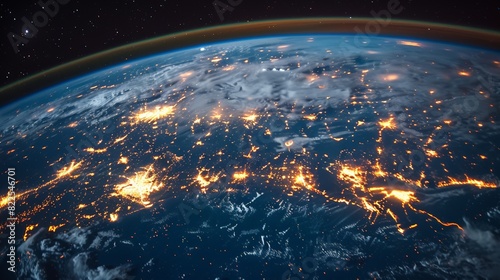 A stunning view of Earth at night, with illuminated city lights visible across continents, showcasing the planet's vibrant human activity