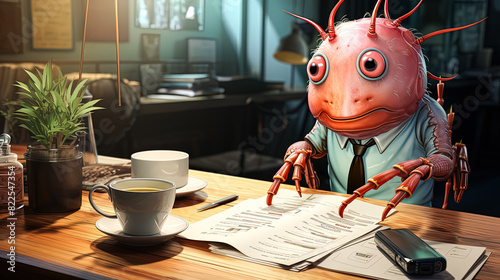 Plankton in a suit works in an office surrounded by stacks of paperwork, depicting a humorous and unexpected twist on office culture and marine life.