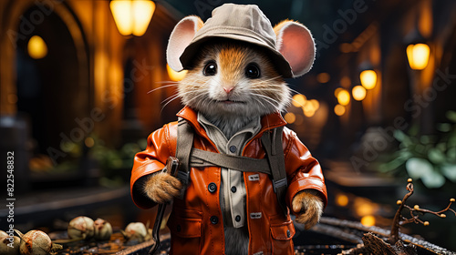 A detective mouse in a trench coat on the street. Conceptual image of a small investigator solving mysteries in the city.