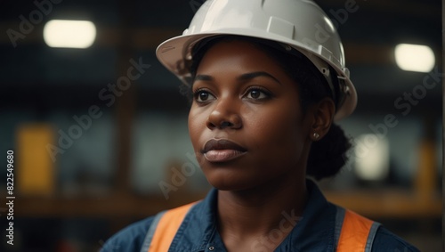 Portrait of a black woman construction worker wearing hard hat.