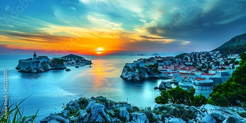 Sunset Overlooking Dubrovnik Old Town on the Adriatic Coast, Croatia. Concept Travel Photography, Sunset Views, European Landmarks, Seaside Scenery, Dubrovnik Attractions