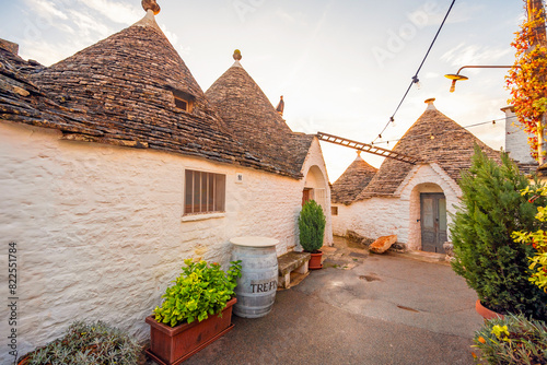 Trulli of Alberobello, Puglia, Italy. town of Alberobello with trulli houses among green plants and flowers