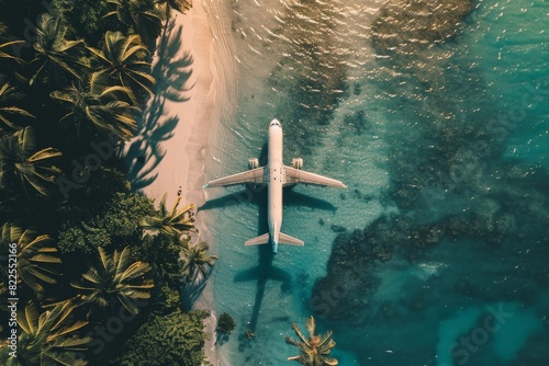 Beach with palm trees on the shore in the style of birds-eye-view. Turquoise and white plane view on beach. Beautiful simple AI generated image in 4K, unique.
