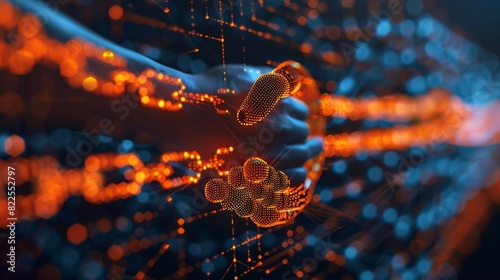 A close-up of a handshake, with digital blockchain icons representing trust and security in technological business dealings