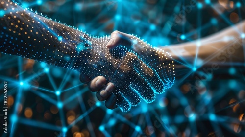 An image showing a handshake underlined by blockchain graphics, symbolizing the assurance and reliability provided by the technology