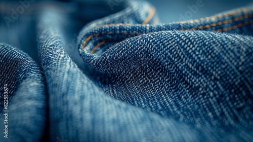 A macro photograph of denim fabric, capturing the intricate details and timeless quality of blue jeans with sharp clarity