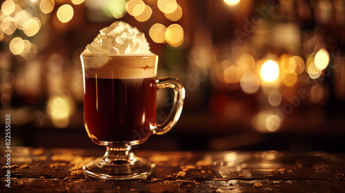 Irish Coffee: A warm Irish coffee in a glass mug, with a layer of cream on top, set against a cozy pub background.