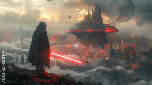 Red lightsaber holder stands next to a flying starship and neon-lit futuristic cityscape