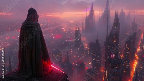 An robed warrior with a glowing red light blade stands at the top of a vantage point overlooking a sprawling futuristic city