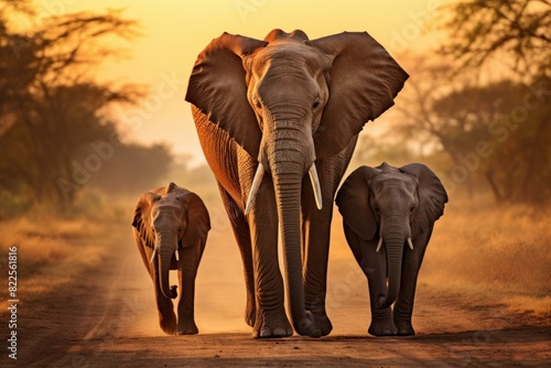An elephant family strolls along a dust road amidst a golden sunset