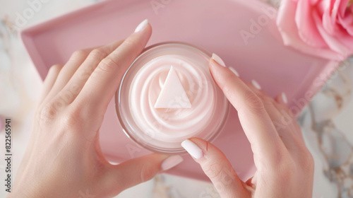 Blush pink soft triangle cream mockup held by a woman's fingers, gentle and appealing.
