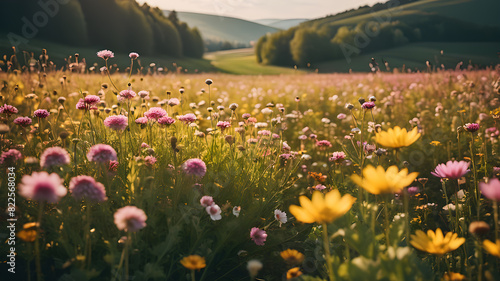 Beautiful summer landscape with the blossoming meadow with flowers.