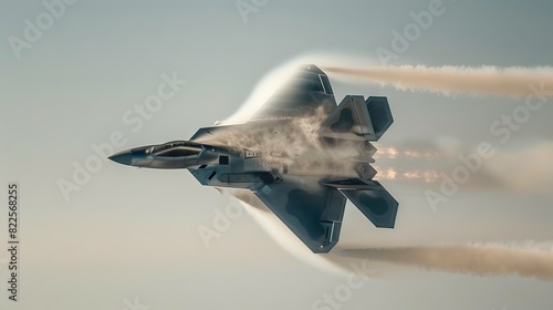 Stealth fighter jet breaking the sound barrier. Supersonic aircraft creating shockwaves. Concept of military aviation, aerospace technology, high-speed flight