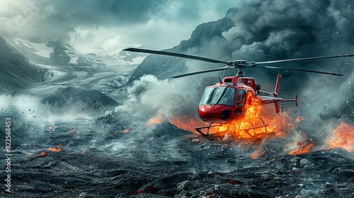 Red helicopter on fire flying over snowy mountains. Burning chopper above icy peaks. Concept of aerial accident, rescue mission, emergency situation