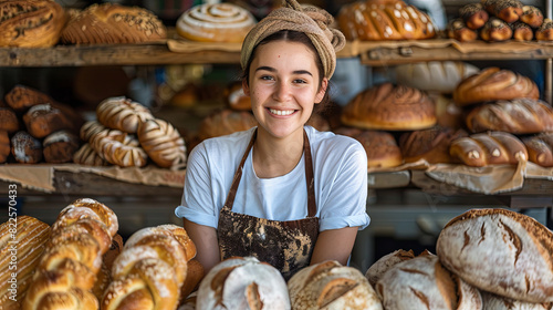 Smiling saleswoman girl against the background of shelves with bread