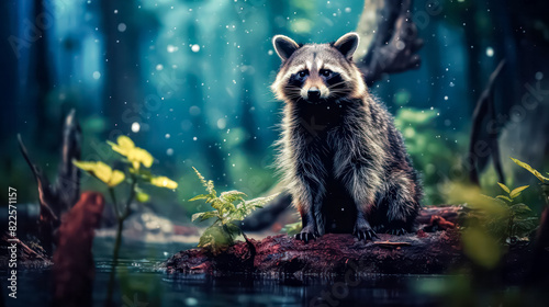 A close-up of a raccoon in the summer forest showcases its curious expression amid lush greenery, capturing the essence of woodland wildlife.