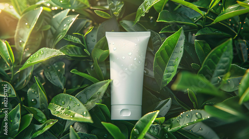An ultra-detailed realistic photography of a white mock-up skincare tube among on a pile of young green tea buds with dew drops under warm light