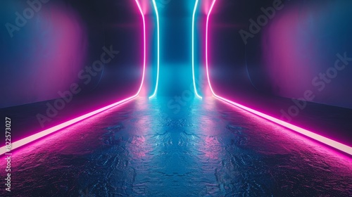  A dark tunnel featuring neon lights and a long corridor sandwiched between two walls transforms into a room boasting a blue floor and a pink light at its tunnel's end