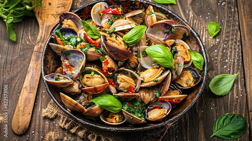Short neck clams stir fried with sauce basil and chili spicy sauce on rustic wooden . Generative Ai