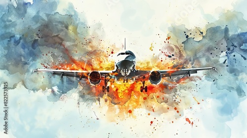Watercolor illustration of a plane on fire during takeoff. Painting of an aircraft in flames. Concept of aviation disaster, emergency, fire incident, dramatic art