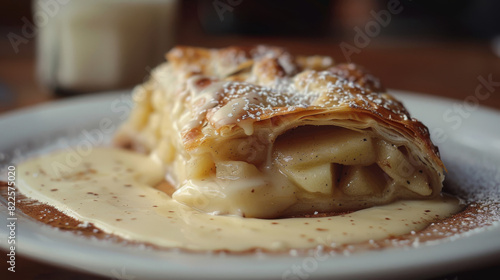 Czech apple strudel with vanilla sauce and powdered sugar served on a white plate