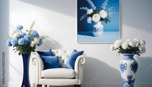 Armchair and porcelain vase with flowers against white wall with a poster