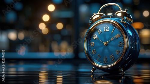 A classic blue alarm clock with gold accents sits on a dark surface with blurred lights in the background. The clock face shows the time. A concept of time and urgency.