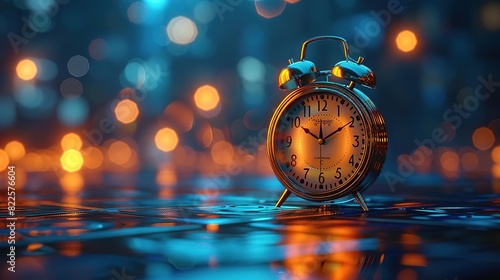 An antique alarm clock stands alone on a wet surface, illuminated by a colorful bokeh background.