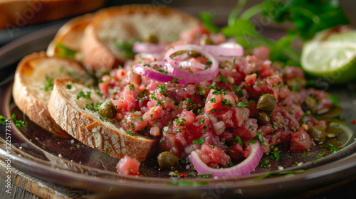 Traditional czech beef tartare with toasted bread, pickled onions, and capers, topped with fresh herbs on a rustic platter