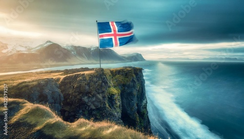 The Icelandic flag waving triumphantly atop a cliff overlooking a vast, windswept coastline.
