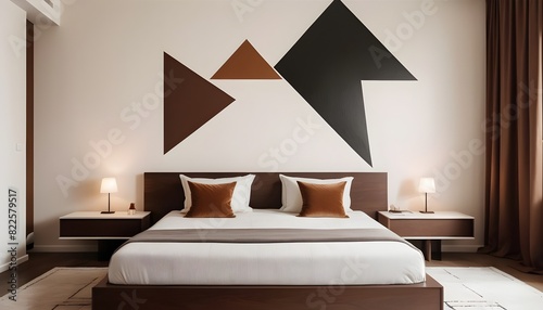 Black and white bedroom with double bed and geometric decorations
