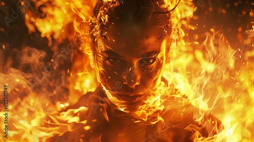 fierce woman engulfed in flames walking through fire powerful unbreakable female portrait