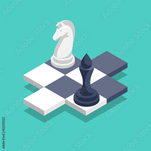 Chess pieces on the board. Symbol of strategy and planning. Vector 3d isometric illustration. Isolated on background.