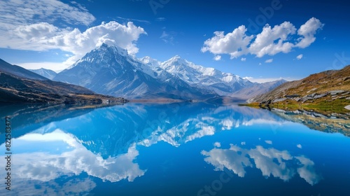 A serene mountain reflected perfectly in a blue lake.