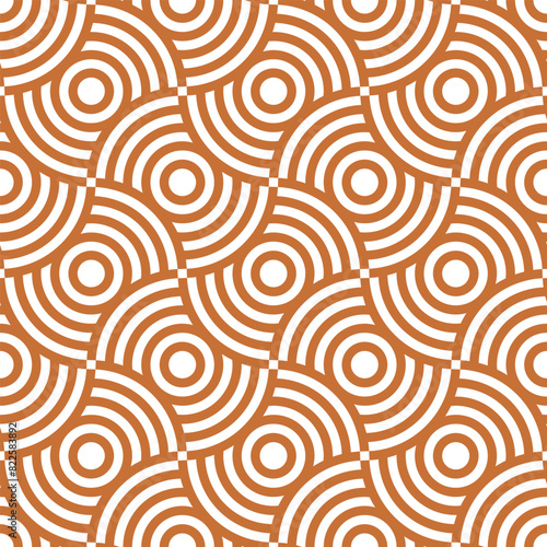 Seamless strict geometric pattern in form of circles of different diameters of brown color. Vector illustration for design of fabric or packaging paper.