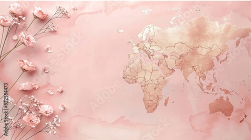 Delicate pink world map with flowers.