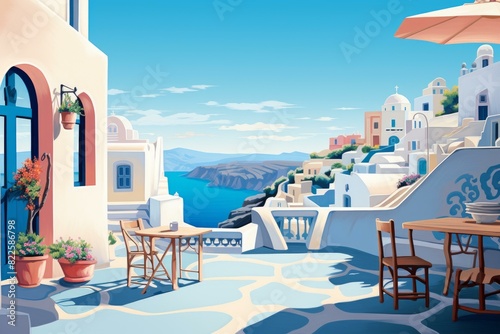 Idyllic view of a tranquil cafe in santorini overlooking the aegean sea and whitewashed buildings