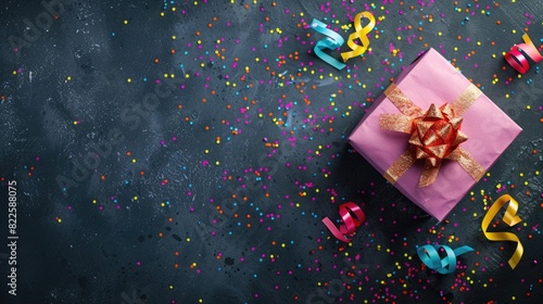 Birthday Box. Party Objects in a Gift Box with Copy Space, Overhead View