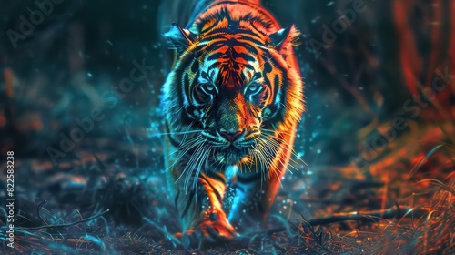 Cool, Epic, Artistic, Beautiful, and Unique Illustration of Tiger Animal Cinematic Adventure: Abstract 3D Wallpaper Background with Majestic Wildlife and Futuristic Design